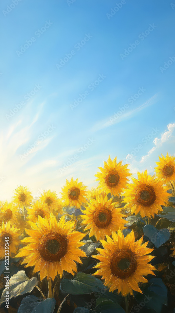 Fototapeta premium vibrant sunflower field under clear blue sky, radiating warmth and joy