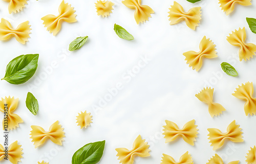 Bowtie pasta and basil leaves scattered on a white background with a top-down view, creating space for text or design elements.