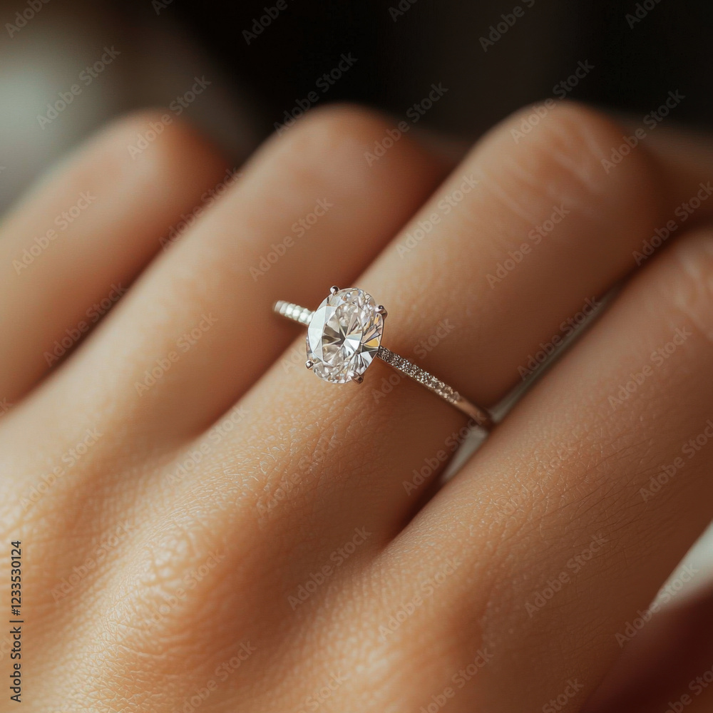 A macro shoot of an oval cut moissanite with a basic silver band worn on a hand. Sterling silver material. Extreme sparkle and light refraction. A macro shoot of an oval cut moissanite with a basic silver band worn on a hand. Sterling silver material. Extreme sparkle and light refraction.