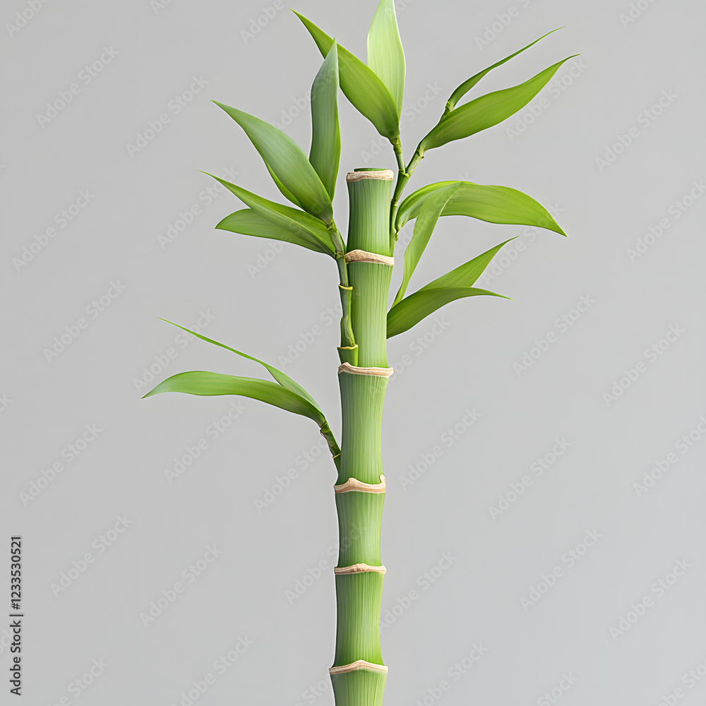 Obraz premium Segmented Bamboo Stalk with Green Leaves against Light Background