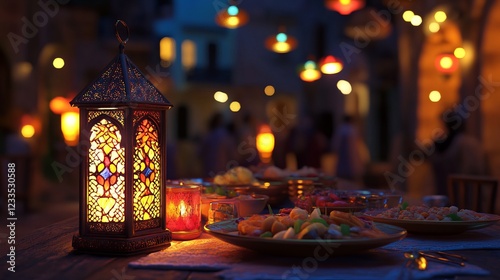 Traditional ramadan family feast with lanterns, dates, and festive decor photo