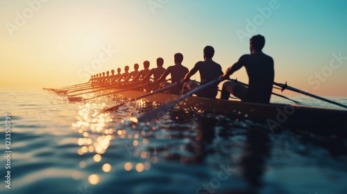 Rowers Synchronize Their Efforts at Sunset on Serene Water in Beautiful Scenic Landscape