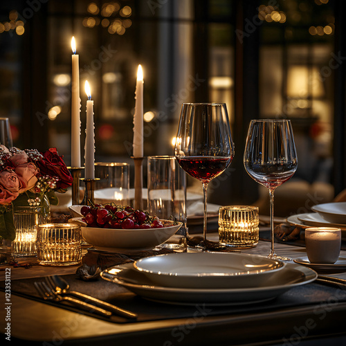 Elegant dinner setting with candles, wine glasses, and floral centerpiece. photo