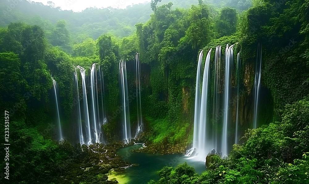 Naklejka premium Lush green jungle waterfall cascading into pool. Nature background, travel, tourism