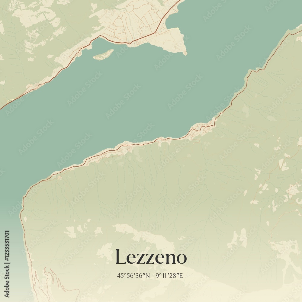 Vintage map of Lezzeno, Italy.