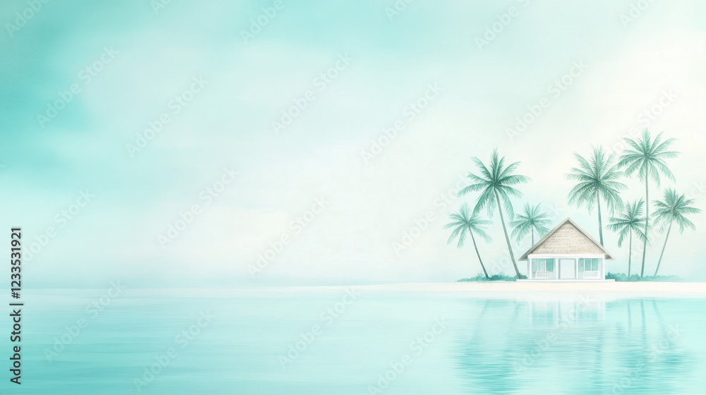 Fototapeta premium serene tropical island with tranquil house and palm trees by water