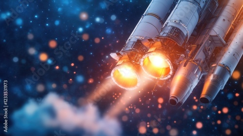 A spaceport launching advanced military spacecraft with glowing engines, surrounded by bustling activity