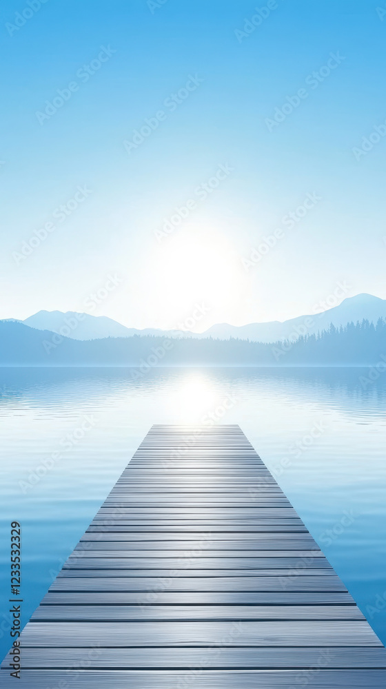 Naklejka premium serene wooden pier extends over calm waters, reflecting bright sky