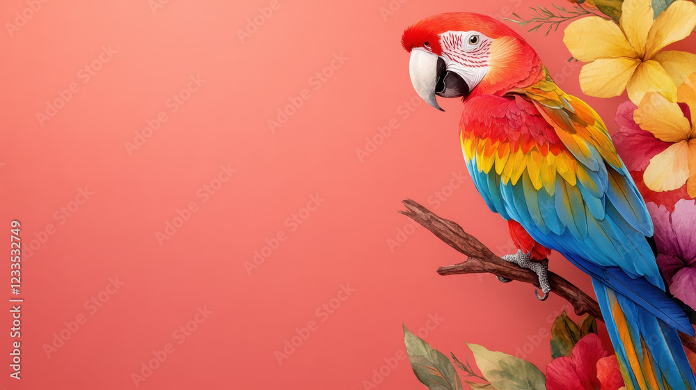 Obraz premium vibrant parrot perched on branch with colorful tropical flowers