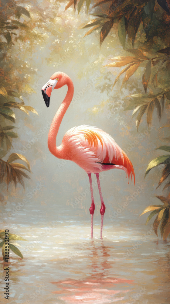 Fototapeta premium vibrant flamingo stands gracefully in tranquil waters surrounded by lush foliage
