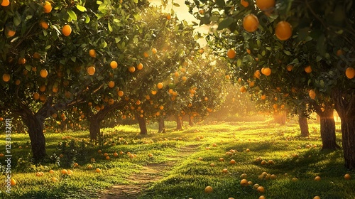 Sunlit orange grove path, ripe fruit, idyllic farm, sunset backdrop, perfect for food, drink, or travel advertising