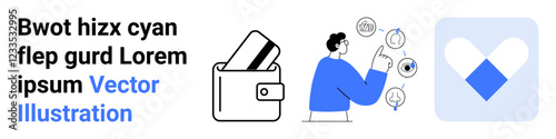 Wallet holding cards, person pointing at interface icons, heart-shaped emblem. Ideal for finance, online transactions, user interaction, app design, digital wallets, mobile payments branding
