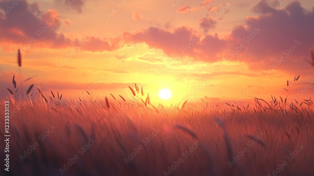Obraz premium Golden Hour Serenity: Sunset over a Wheat Field