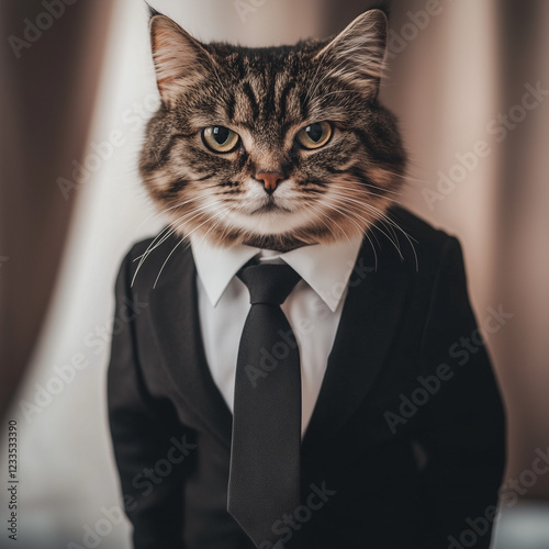 Cat in a suit poses like a businessman with a confident expression in a stylish indoor setting photo