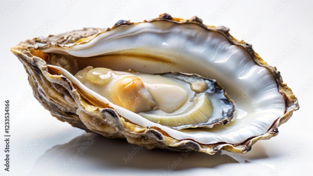A single freshly opened oyster shell, partially open to reveal the briny interior and delicate edges of the mollusk's footprints A single freshly opened oyster shell, partially open to reveal the briny interior and delicate edges of the mollusk's footprints