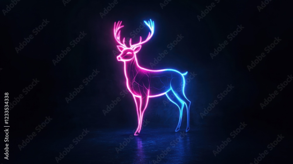 Obraz premium Neon deer standing, dark background, digital art, holiday card