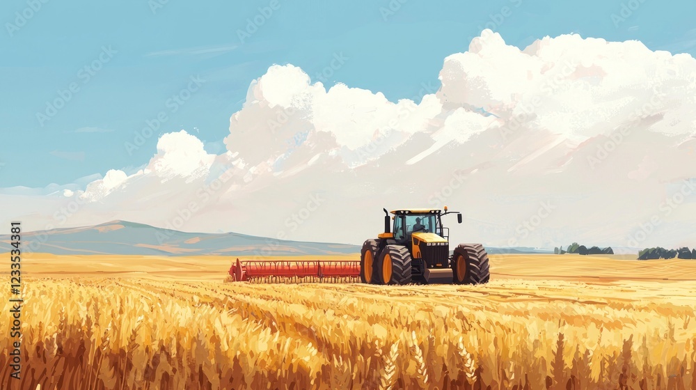 Obraz premium Golden Harvest: Tractor in a Vast Wheat Field Under a Summer Sky