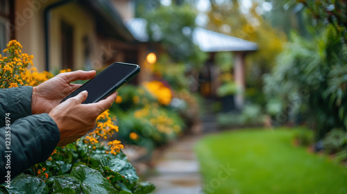 A person holds a smartphone in a lush garden filled with vibrant flowers, creating a serene and connected outdoor atmosphere.