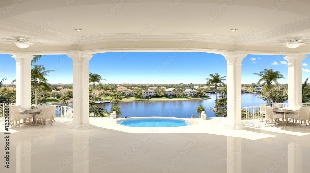 Fototapeta premium Luxurious Waterfront Villa Patio with Pool and View
