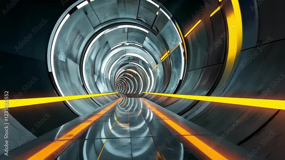 Futuristic tunnel with reflective surfaces and vibrant orange lines