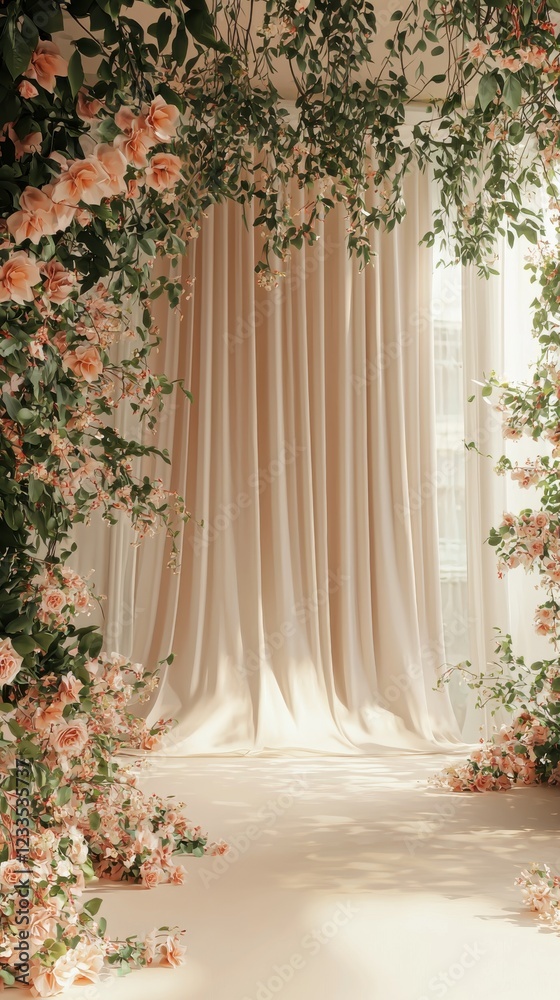 Fototapeta premium Floral backdrop featuring a variety of roses surrounded by lush green foliage for vibrant decor