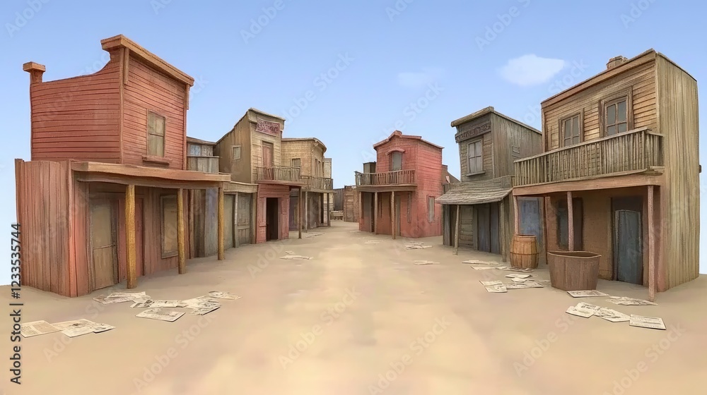 Dusty Wild West street, buildings, desert. Background clear sky. Use Western film background Dusty Wild West street, buildings, desert. Background clear sky. Use Western film background