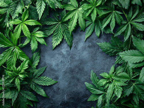 Marijuana Leaves Background. Hemp and Cannabis plant leaves with copy space, perfect for CBD branding and cannabis marketing photo