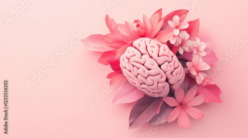 3d render of human brain in leaves and flowers on pink background. Banner with copy space. Concept for neurology, psychiatry, mental health. Prevention of brain diseases. World Alzheimers Month.