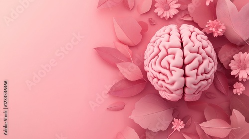 3d render of human brain in leaves and flowers on pink background. Banner with copy space. Concept for neurology, psychiatry, mental health. Prevention of brain diseases. World Alzheimers Month. photo