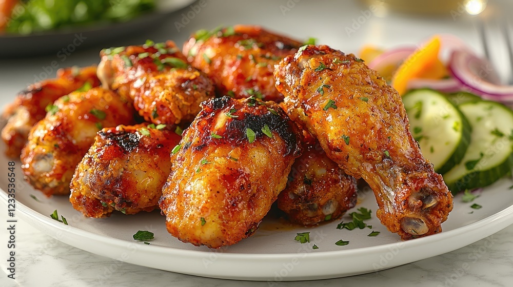 Crispy grilled chicken drumsticks garnished with herbs and served with fresh vegetables Crispy grilled chicken drumsticks garnished with herbs and served with fresh vegetables