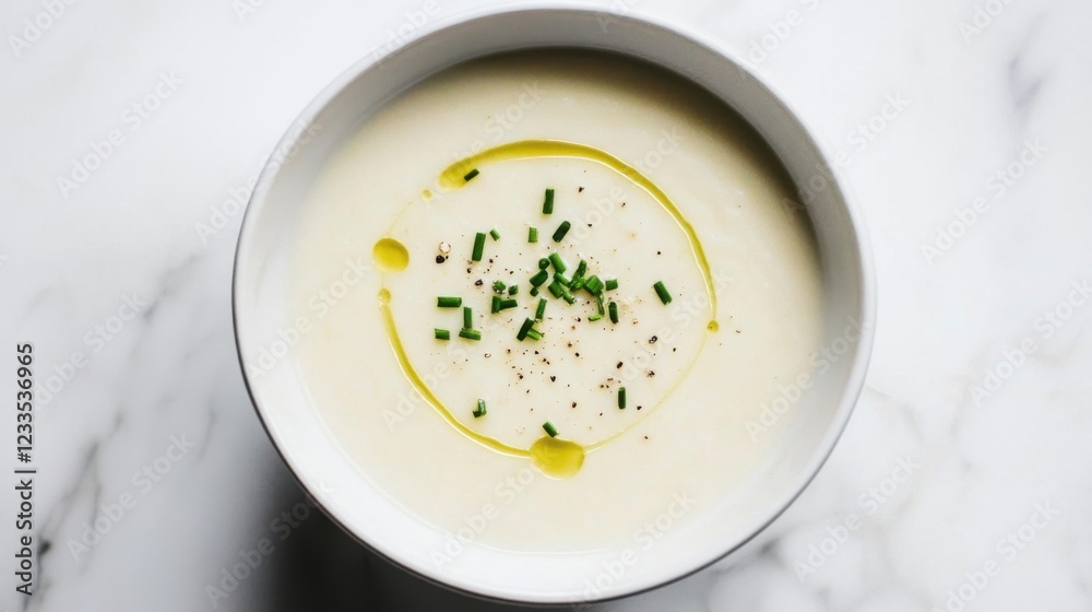 A warm and inviting bowl of creamy potato leek soup, topped with a drizzle of truffle oil and a sprinkle of chives, Centered in a minimalist white bowl A warm and inviting bowl of creamy potato leek soup, topped with a drizzle of truffle oil and a sprinkle of chives, Centered in a minimalist white bowl