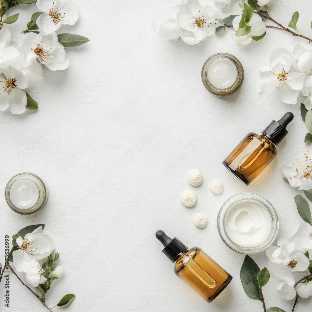 Bottles of essential oils surrounded by white flowers on a white background Bottles of essential oils surrounded by white flowers on a white background