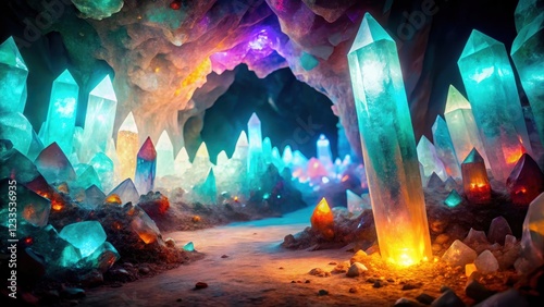 Gemstone formations emitting luminescent glow in dark cave environment, crystals, caves photo