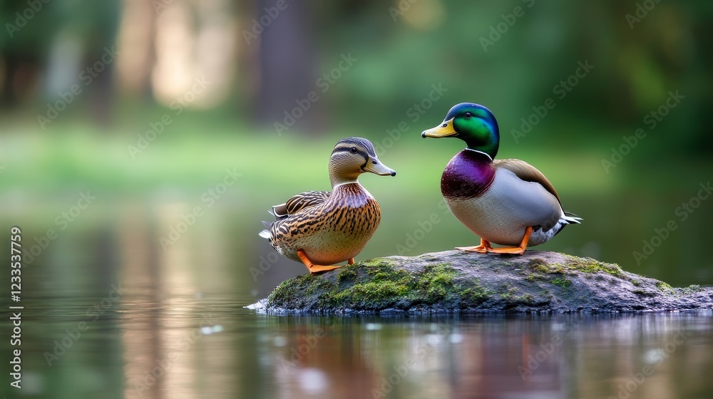 Mallard Ducks Resting on a Mossy Rock by a Pond Mallard Ducks Resting on a Mossy Rock by a Pond