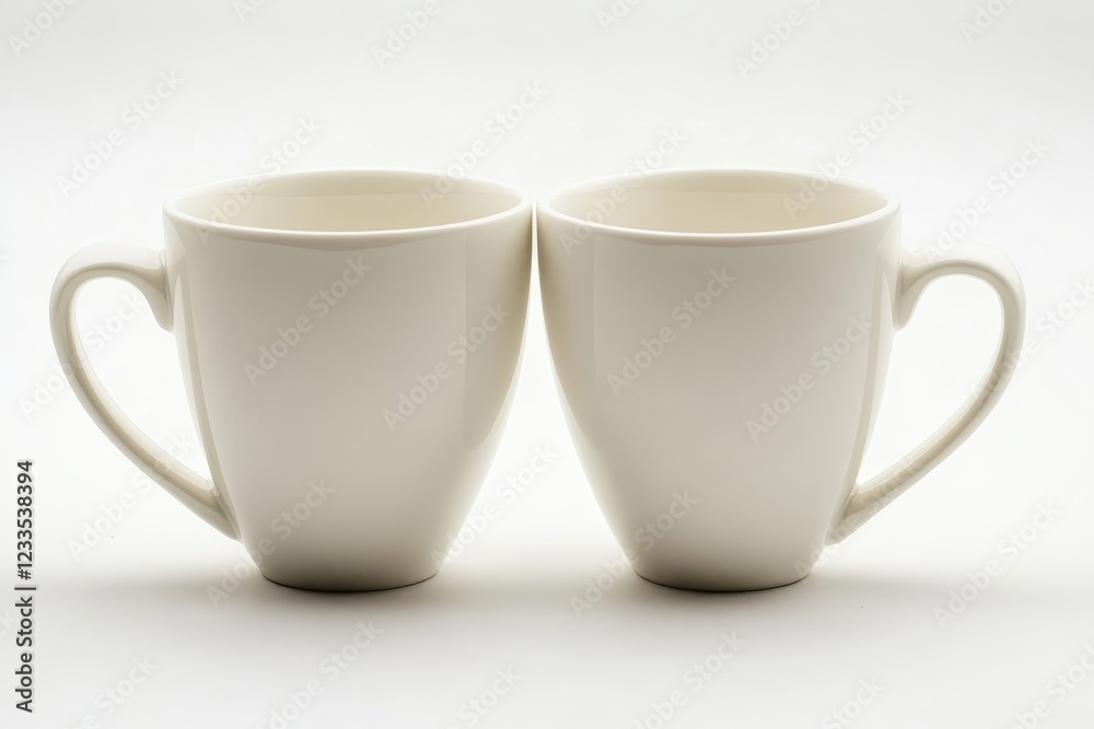 Two empty white coffee mugs touching on white background. Two empty white coffee mugs touching on white background.