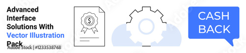 Financial document with seal, gear mechanism symbolizing processes, and cashback speech bubble. Ideal for finance, technology, processes, rewards, business, e-commerce promotional design flat