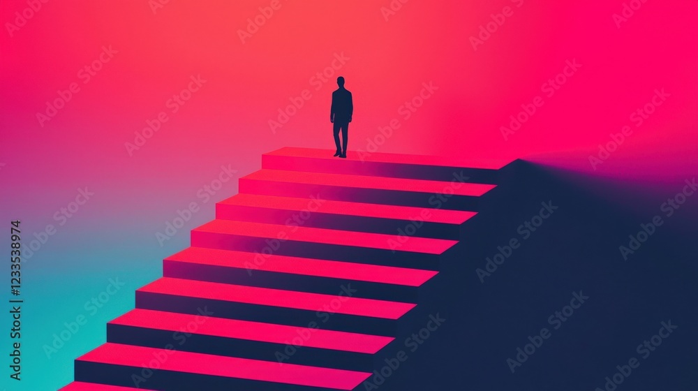 Abstract Figure on Colorful Stairs Symbolizing Ambition, Dreams, and the Journey to Success in Surreal Concept Abstract Figure on Colorful Stairs Symbolizing Ambition, Dreams, and the Journey to Success in Surreal Concept