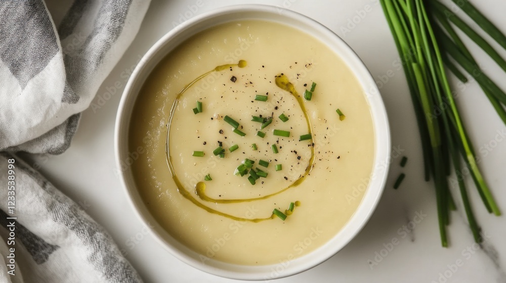A warm and inviting bowl of creamy potato leek soup, topped with a drizzle of truffle oil and a sprinkle of chives, Centered in a minimalist white bowl A warm and inviting bowl of creamy potato leek soup, topped with a drizzle of truffle oil and a sprinkle of chives, Centered in a minimalist white bowl