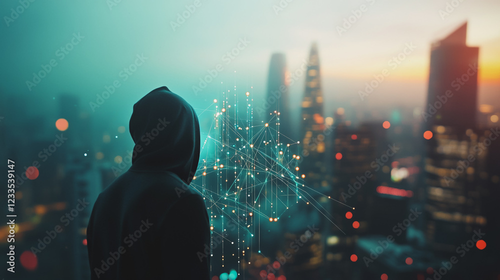 Fototapeta premium Hacker are planning to hack and attack networks and cyber security systems..Smart Innovation city with connection cyber security network reciprocity over the cityscape . future wireless digital city