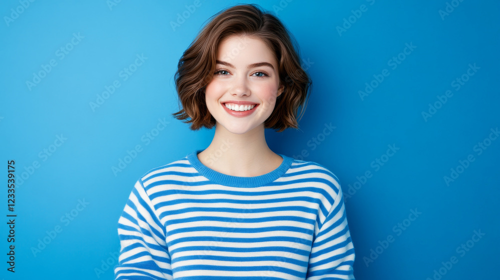 Smiling Young Woman in Striped Sweater Against Blue Background Smiling Young Woman in Striped Sweater Against Blue Background