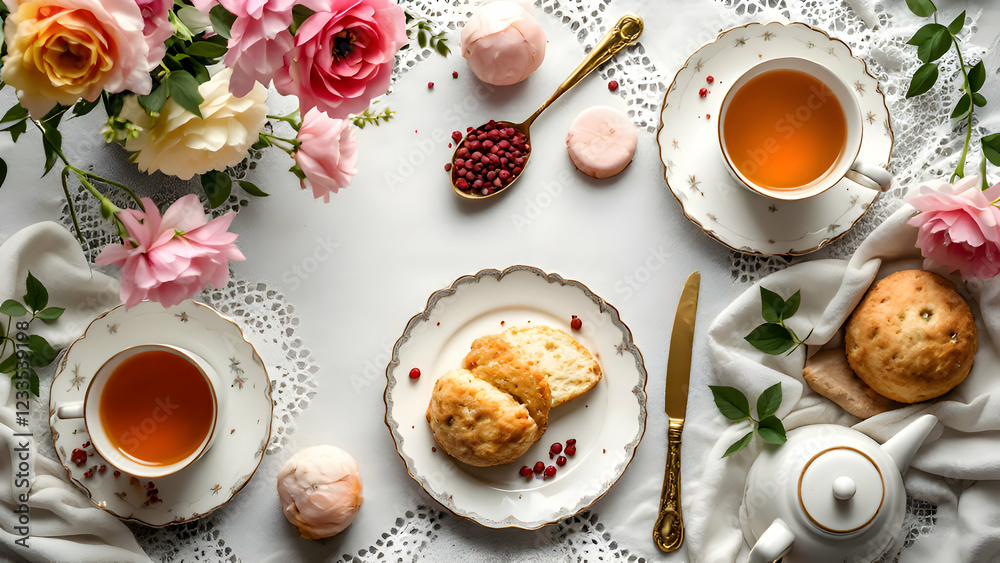 Elegant Afternoon Tea Setting with Scones, Tea, and Roses
Elegant Afternoon Tea Setting with Scones, Tea, and Roses