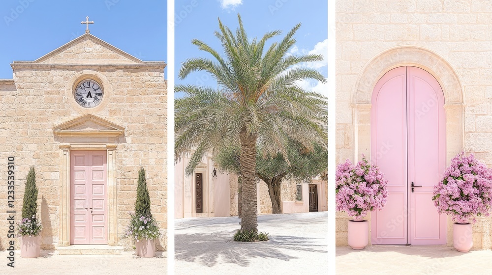 Mediterranean Chapel Pink Doors Floral Decor Mediterranean Chapel Pink Doors Floral Decor