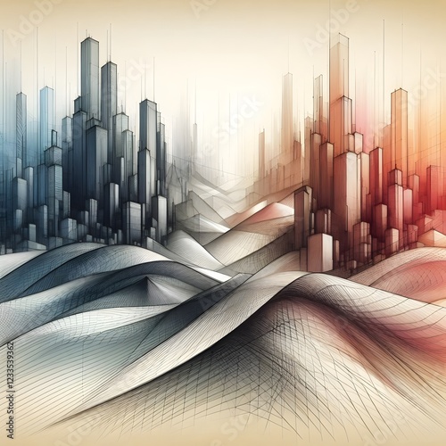 A digital landscape of shifting geometric forms that begins as a pencil sketch and gradually transitions into digital rendering