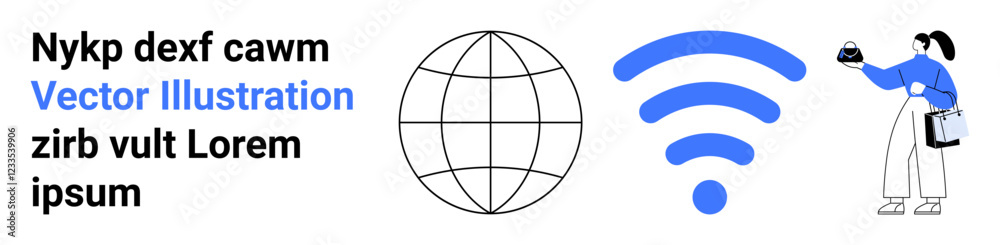 Globe symbolizing worldwide connection, wireless signal, and a person using a smartphone. Ideal for technology, communication, global business, networking, remote work, digital tools flat landing Globe symbolizing worldwide connection, wireless signal, and a person using a smartphone. Ideal for technology, communication, global business, networking, remote work, digital tools flat landing