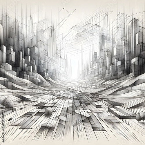 A digital landscape of shifting geometric forms that begins as a pencil sketch and gradually transitions into digital rendering