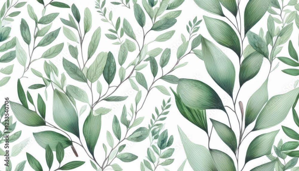 Fototapeta premium Vibrant Watercolor Floral Composition A Lush Arrangement of Green Leaves and Branches Against a Pristine White Background, Perfect for Artistic Decor and Design Inspiration.