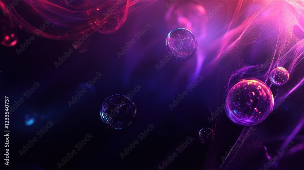 Abstract 3d banner with luminous glass spheres connected by fibers. Geometric dark wallpaper with molecular plexus mesh with copy space for text. Design concept for modern IT technologies, medicine Abstract 3d banner with luminous glass spheres connected by fibers. Geometric dark wallpaper with molecular plexus mesh with copy space for text. Design concept for modern IT technologies, medicine