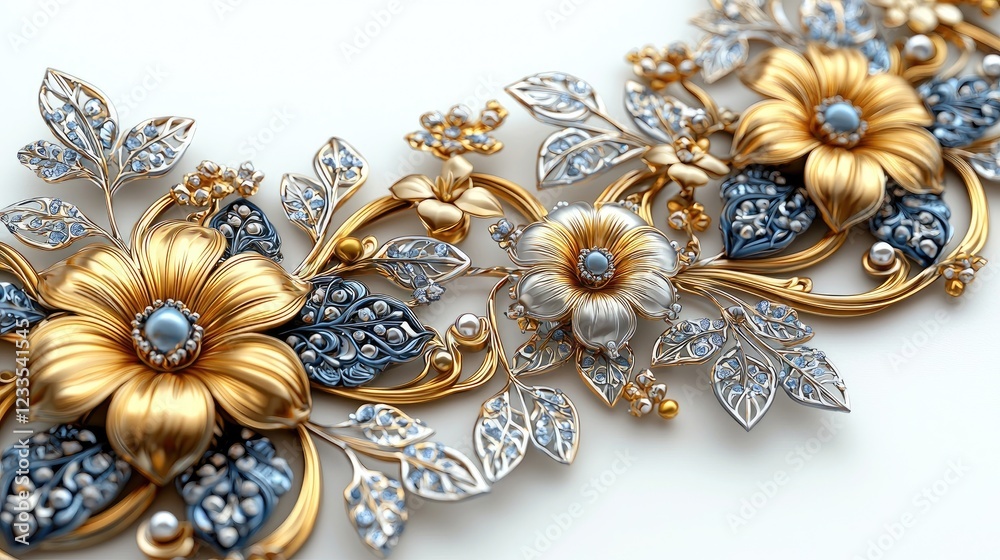 Fototapeta premium Ornate floral jewelry design featuring gold and silver elements with blue accents