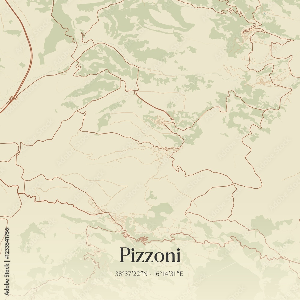 Fototapeta premium Vintage map of Pizzoni, Italy.