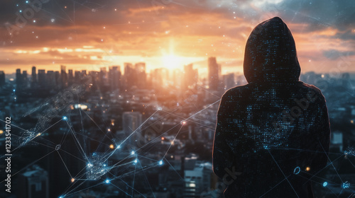 Wallpaper Mural Hacker are planning to hack and attack networks and cyber security systems..Smart Innovation city with connection cyber security network reciprocity over the cityscape . future wireless digital city 	 Torontodigital.ca